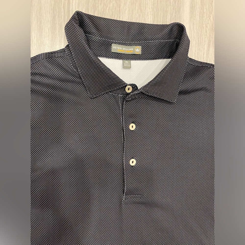 Peter Millar Polo Shirt Mens XL Black Summer Comfort Golf Stretch Striped Dots